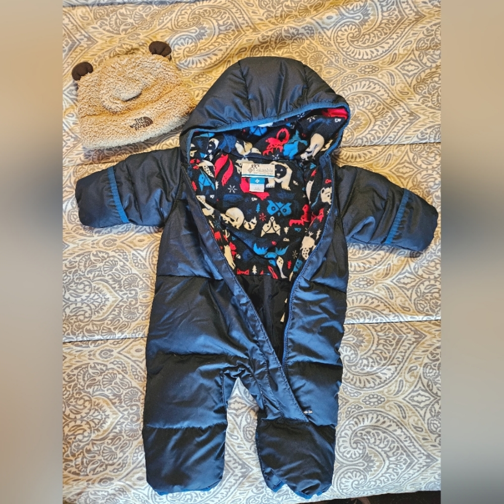 LIKE NEW Columbia Infant Snuggly Outdoor Onsie 3-6m & NorthFace Bear Beanie